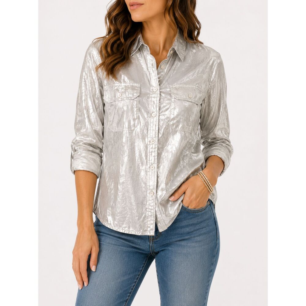 J.Crew Silver Metallic Button Up Shirt Women’s Size 6 Shimmer Top